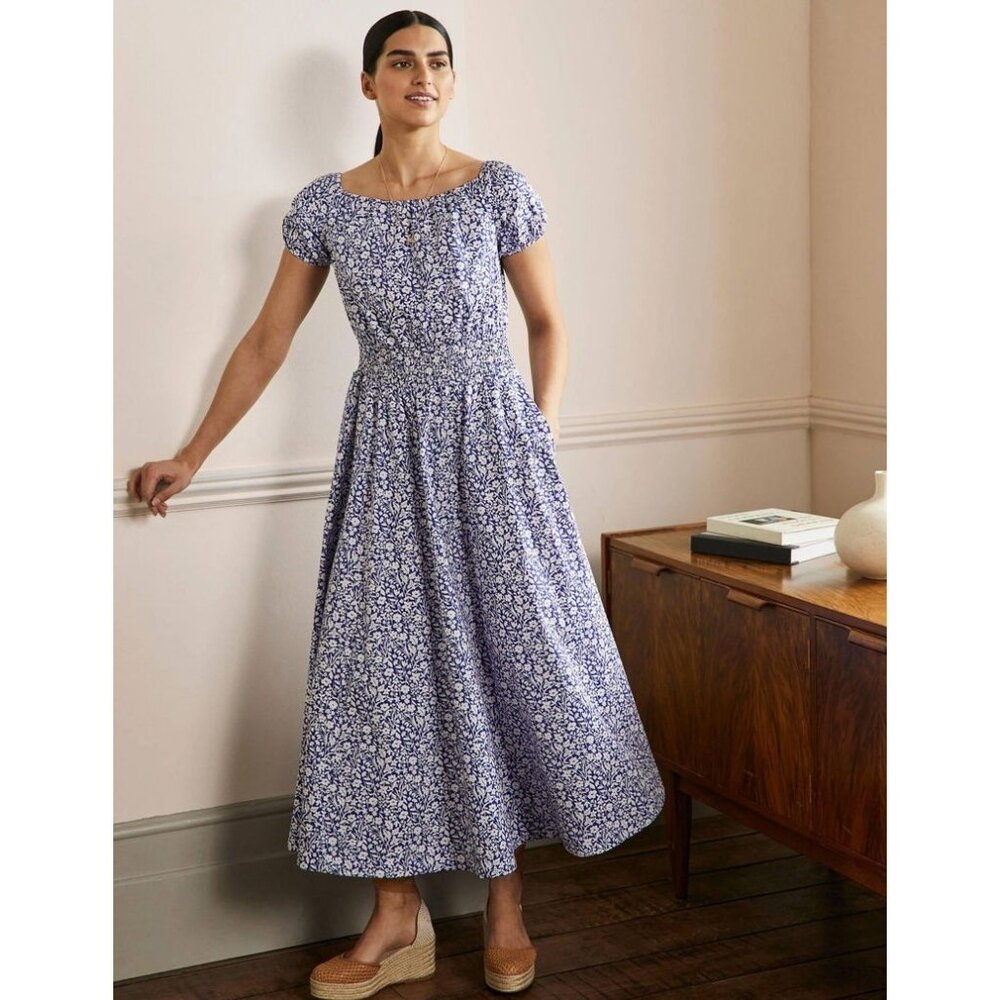 Boden Dress Womens Petite 6 Blue White Floral Smocked Midi Puff Sleeve Pockets